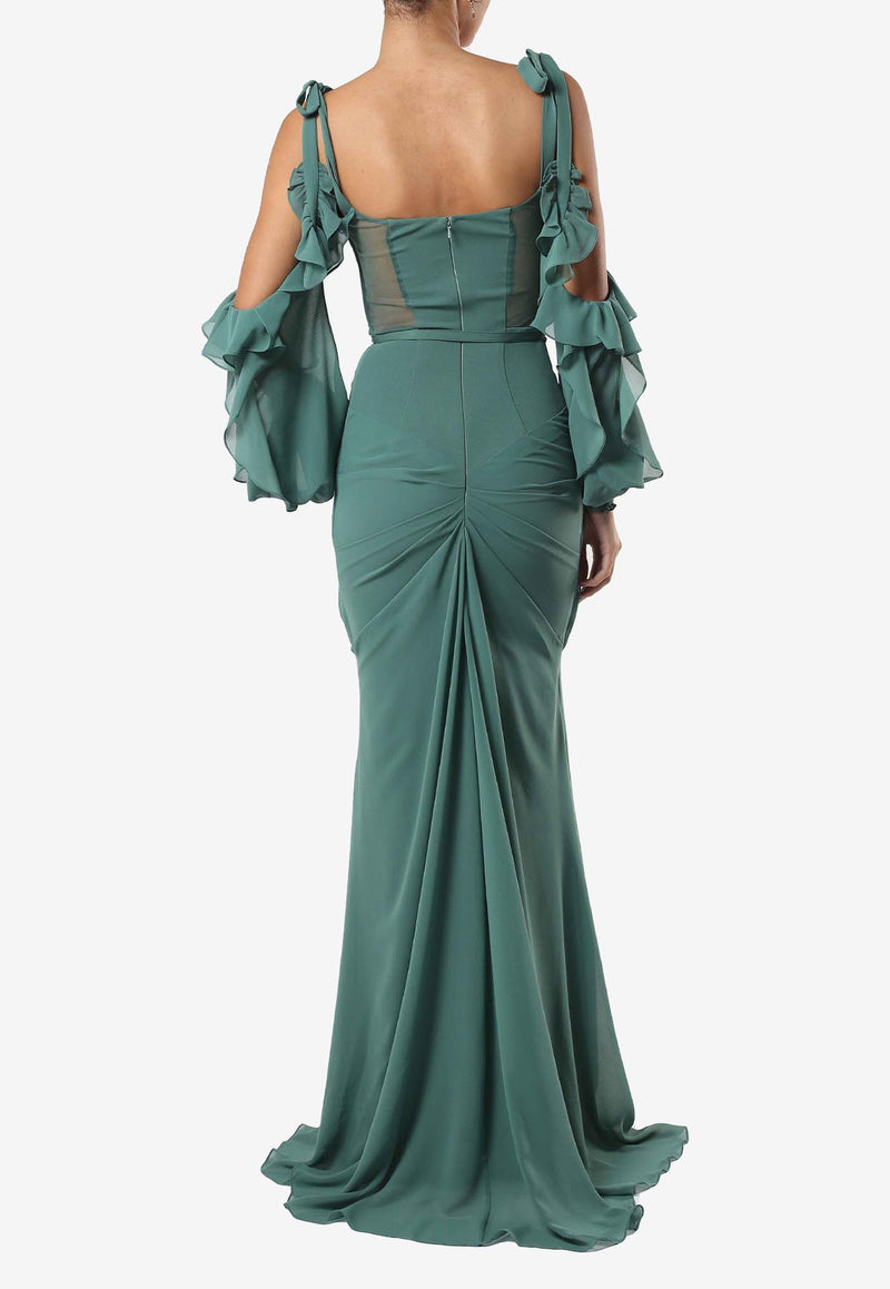 Zeena Zaki Draped Chiffon Maxi Dress SS25-03-GN Green