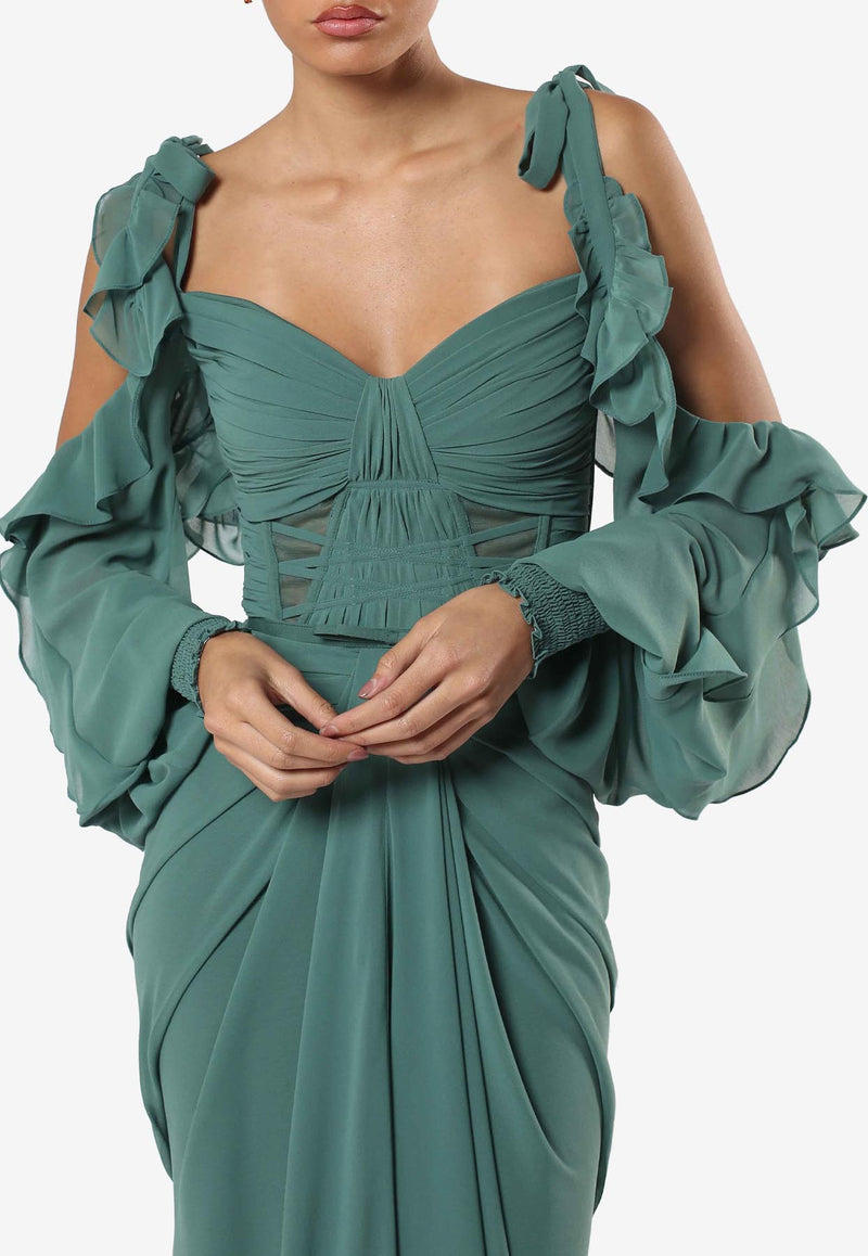 Zeena Zaki Draped Chiffon Maxi Dress SS25-03-GN Green