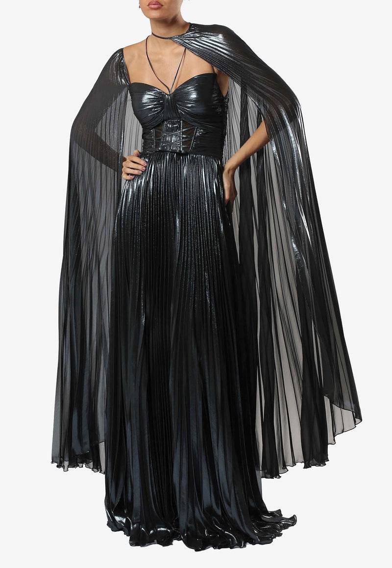 Zeena Zaki Pleated Metallic Maxi Dress SS25-06-NVY Navy