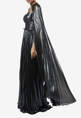 Zeena Zaki Pleated Metallic Maxi Dress SS25-06-NVY Navy