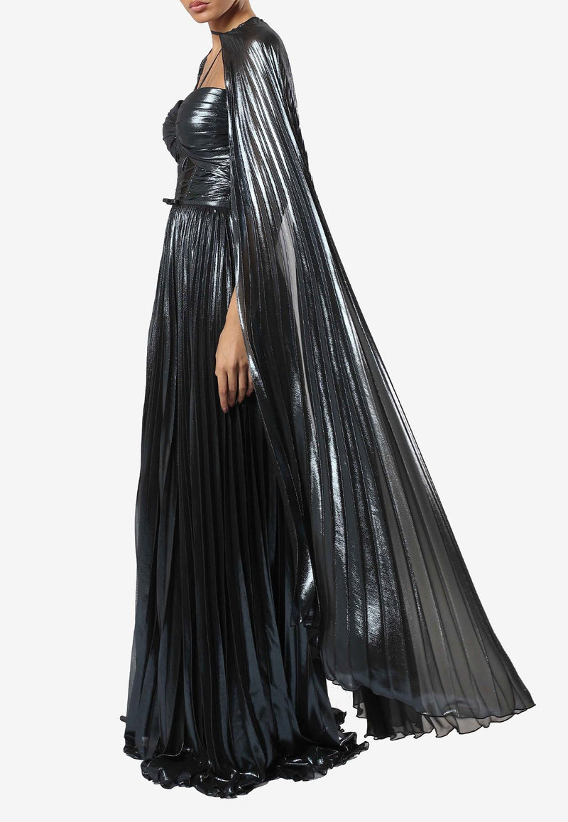 Zeena Zaki Pleated Metallic Maxi Dress SS25-06-NVY Navy