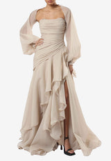 Zeena Zaki Draped Organza Maxi Dress SS25-08-BG Beige