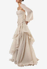 Zeena Zaki Draped Organza Maxi Dress SS25-08-BG Beige