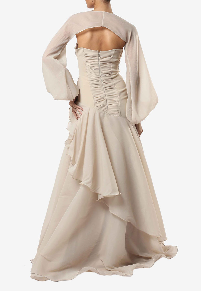 Zeena Zaki Draped Organza Maxi Dress SS25-08-BG Beige
