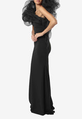 Zeena Zaki One-Shoulder Organza Maxi Dress SS25-10-BLK Black