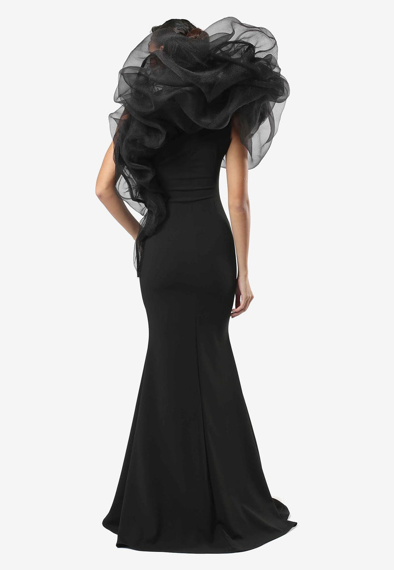 Zeena Zaki One-Shoulder Organza Maxi Dress SS25-10-BLK Black
