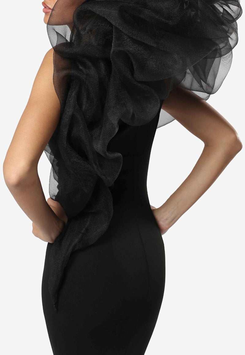 Zeena Zaki One-Shoulder Organza Maxi Dress SS25-10-BLK Black