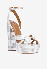 Aquazzura Sundance 140 Metallic Leather Platform Sandals Silver SUDHIGS0-LAMCCC SILVER