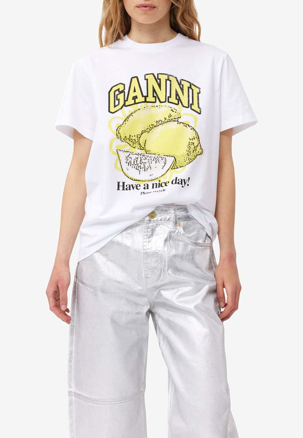 Lemon-Print Crewneck T-Shirt GANNI T3768WHITE