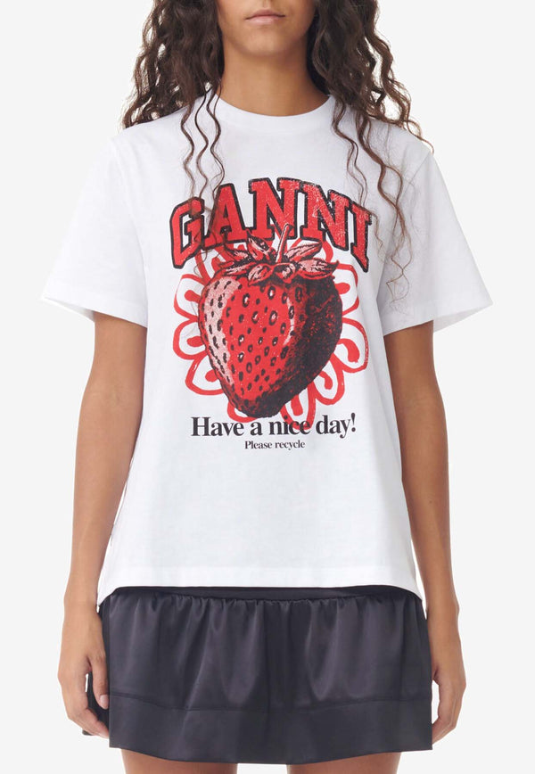 Strawberry-Print Crewneck T-Shirt GANNI T3892WHITE MULTI