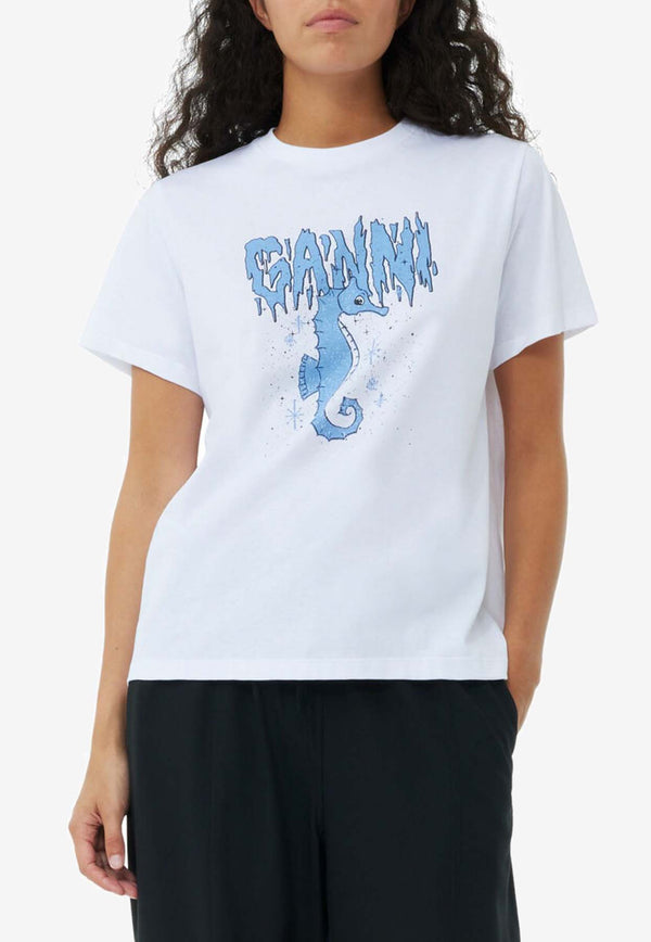 GANNI Seahorse Print Crewneck Logo T-shirt White T3895WHITE