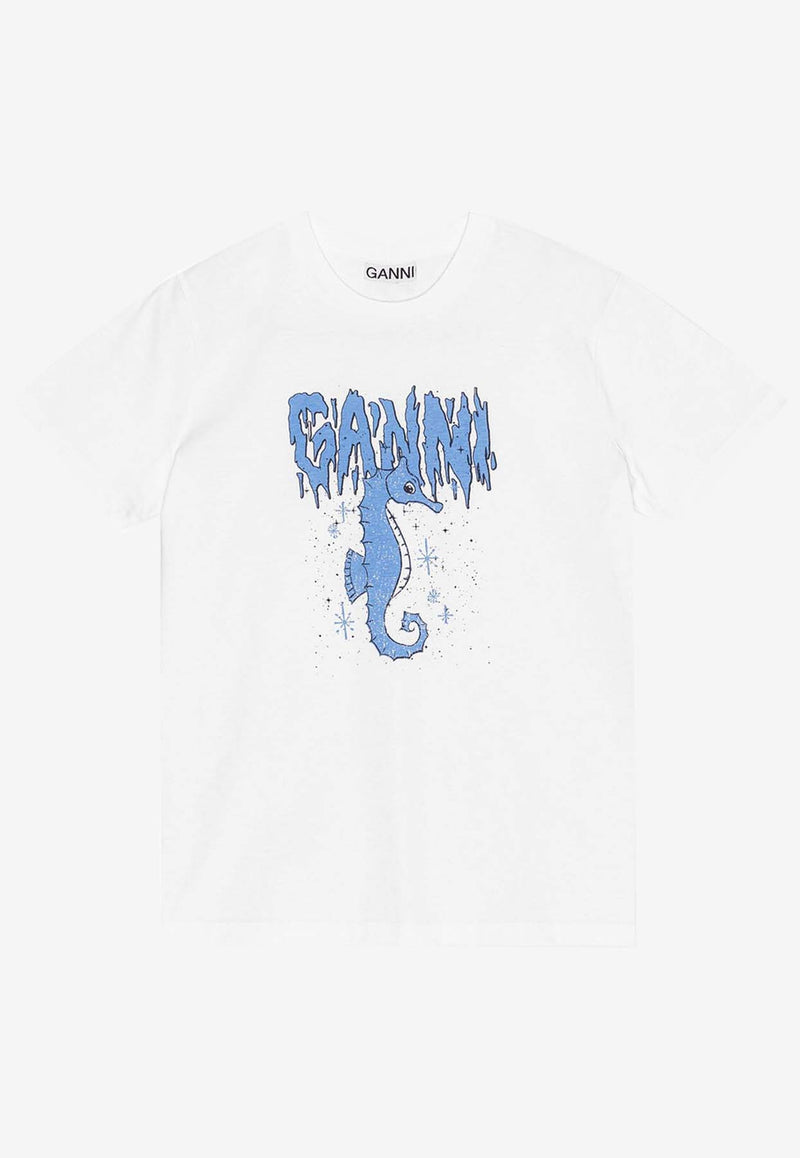 GANNI Seahorse Print Crewneck Logo T-shirt White T3895WHITE