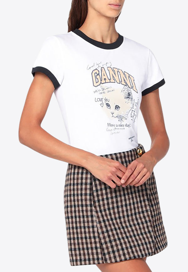 GANNI Kitty Print Cropped T-shirt White T43363575/R_GAN-151
