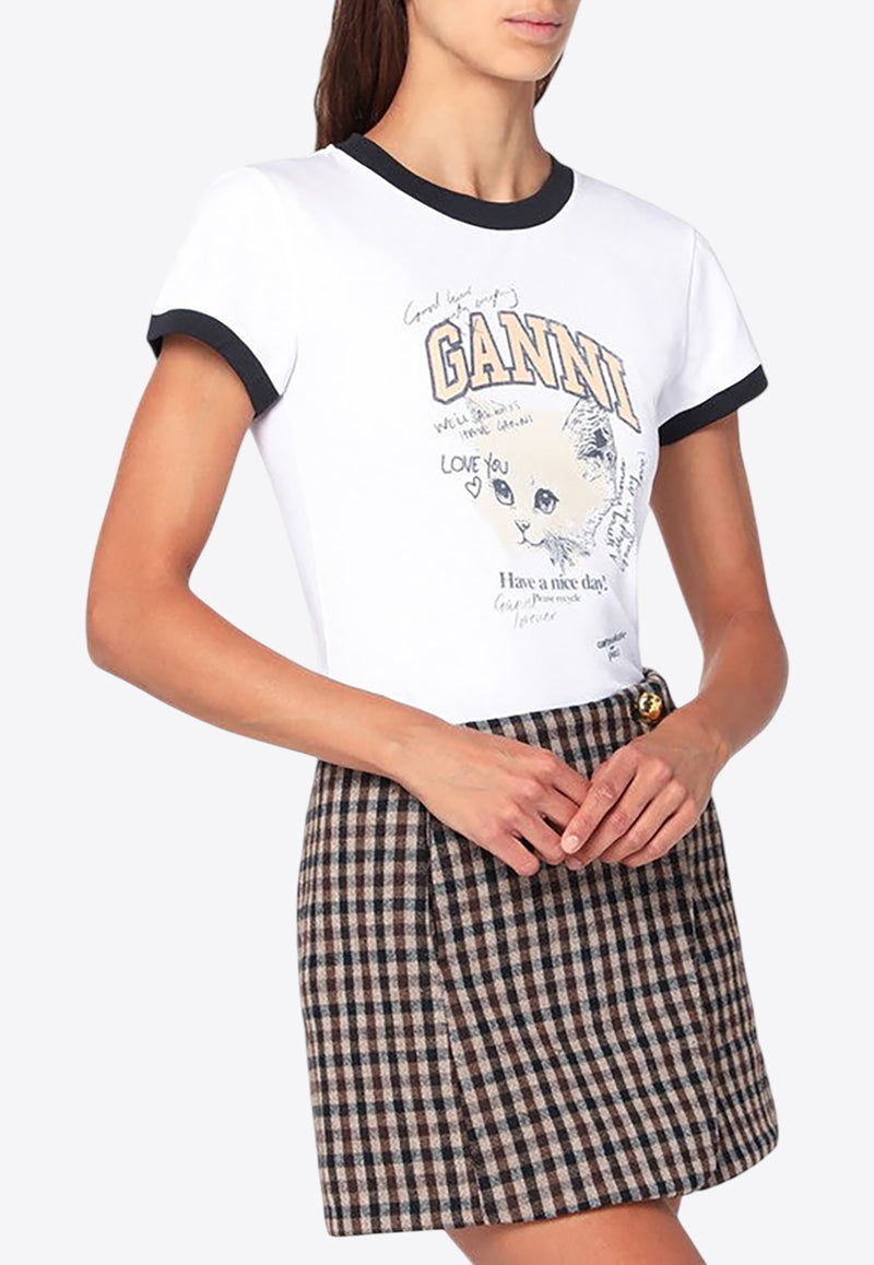 GANNI Kitty Print Cropped T-shirt White T43363575/R_GAN-151