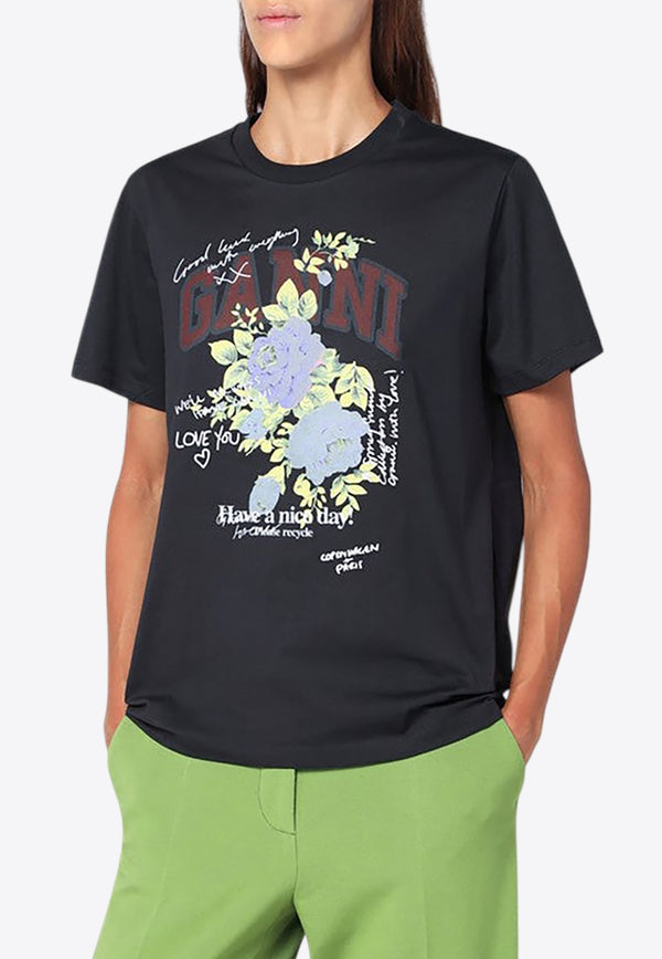 GANNI Rose Print Crewneck T-shirt Gray T43423575/R_GAN-252