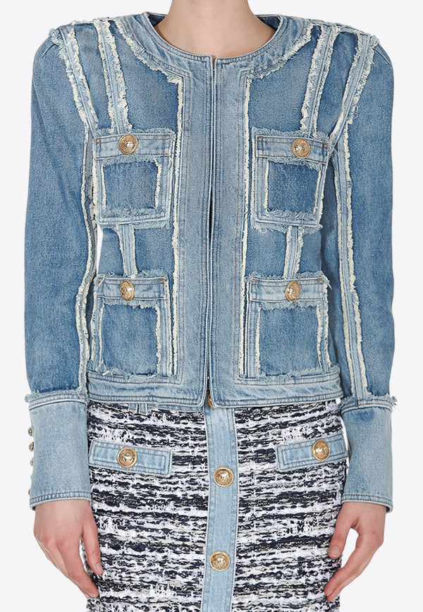 Balmain Denim Patchwork Short Blazer Denim TF17551D008 6FF BLUE JEANS