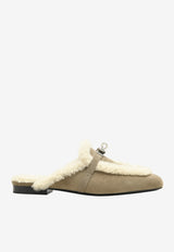 OZ Mules in Etoupe Suede and Ecru Shearling