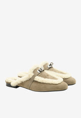OZ Mules in Etoupe Suede and Ecru Shearling