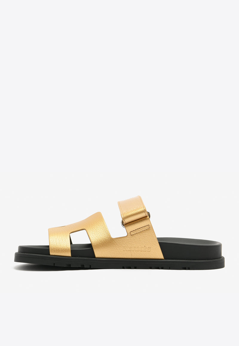 Hermès Chypre Sandals in Dore Metallic Grained Goatskin