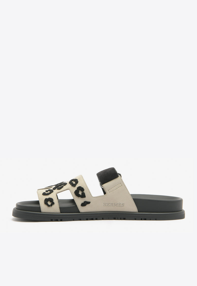 Hermès Chypre Sandals in Beige Esquisse and Black Tufted Suede