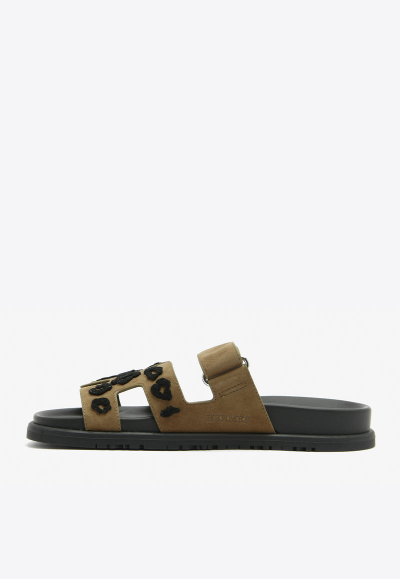 Hermès Chypre Sandals in Brune Fume and Black Tufted Suede