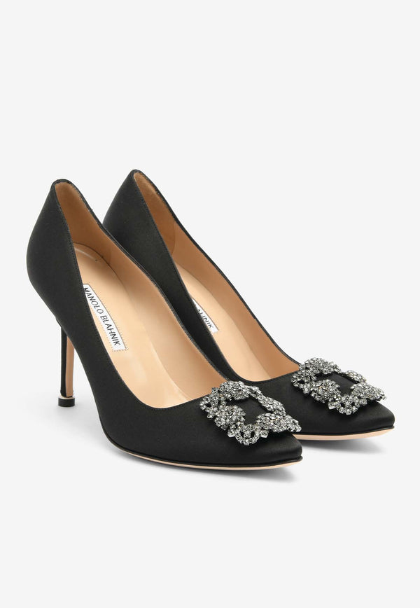 Manolo Blahnik Hangisi 90 Crystal Buckle Satin Pumps Black 9XX-0663BLACK