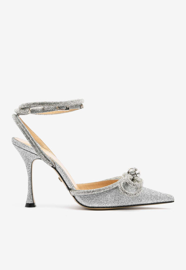 Mach & Mach Double Bow 100 Glittered Pumps Silver SS21- 2204SILVER