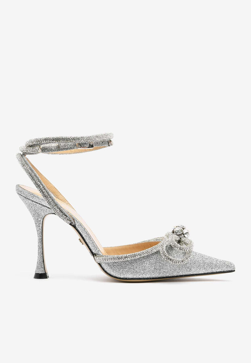 Mach & Mach Double Bow 100 Glittered Pumps Silver SS21- 2204SILVER