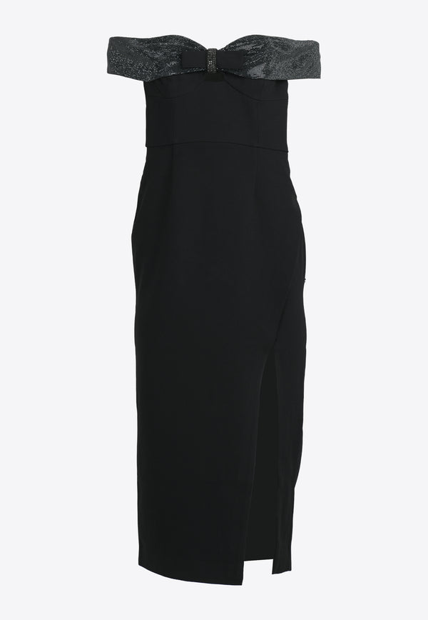 Self-Portrait Diamond Bow Off-Shoulder Crepe Midi Dress Black RS25-900M-BBLACK