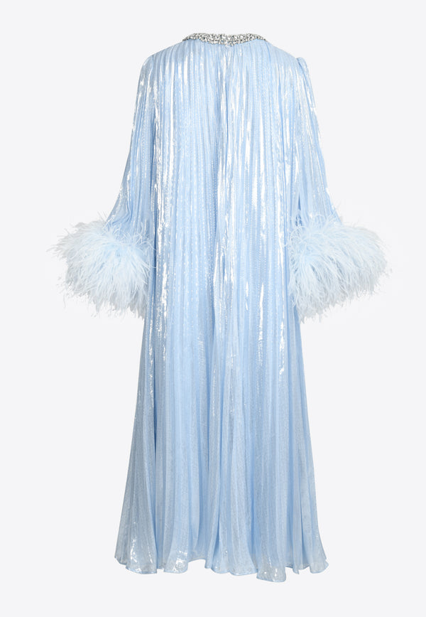 Self-Portrait Feather-Trimmed Metallic Chiffon Midi Dress Light Blue SC24-950M-BLBLUE