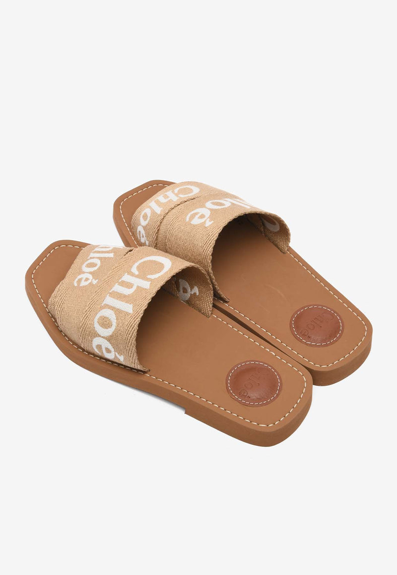 Chloé Woody Logo Jacquard Flat Sandals CHC23U188EFBEIGE