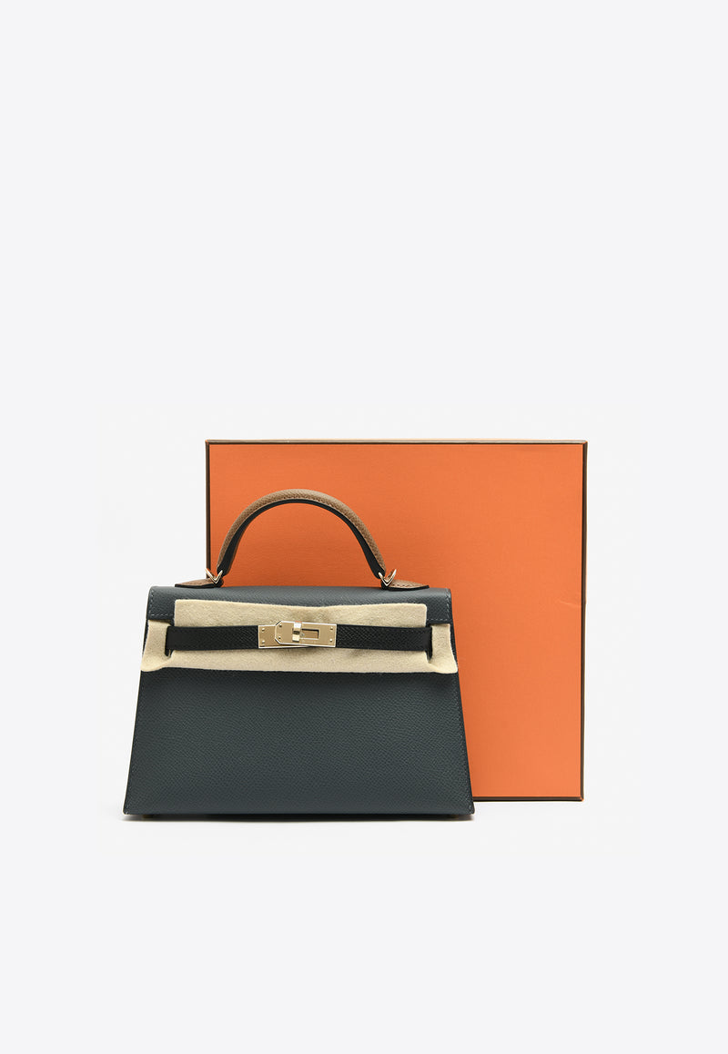 Hermès Mini Kelly 20 Sellier Tricolor in Gris Misty, Black and Alezan Epsom with Permabrass Hardware