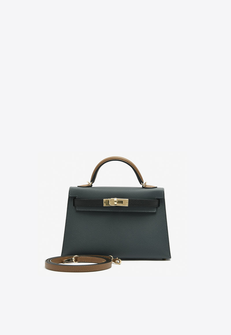 Hermès Mini Kelly 20 Sellier Tricolor in Gris Misty, Black and Alezan Epsom with Permabrass Hardware