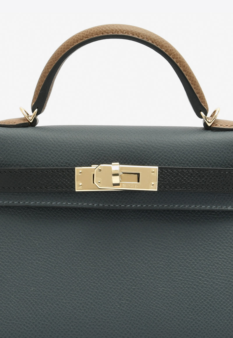 Hermès Mini Kelly 20 Sellier Tricolor in Gris Misty, Black and Alezan Epsom with Permabrass Hardware