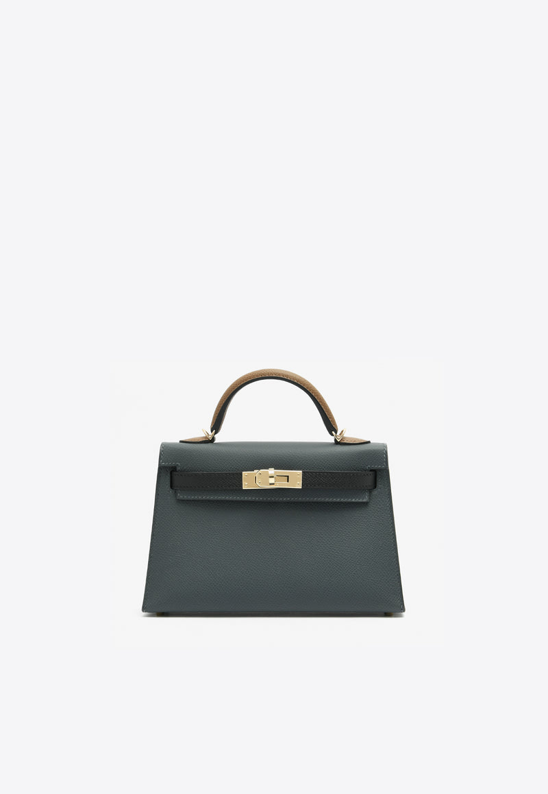 Hermès Mini Kelly 20 Sellier Tricolor in Gris Misty, Black and Alezan Epsom with Permabrass Hardware