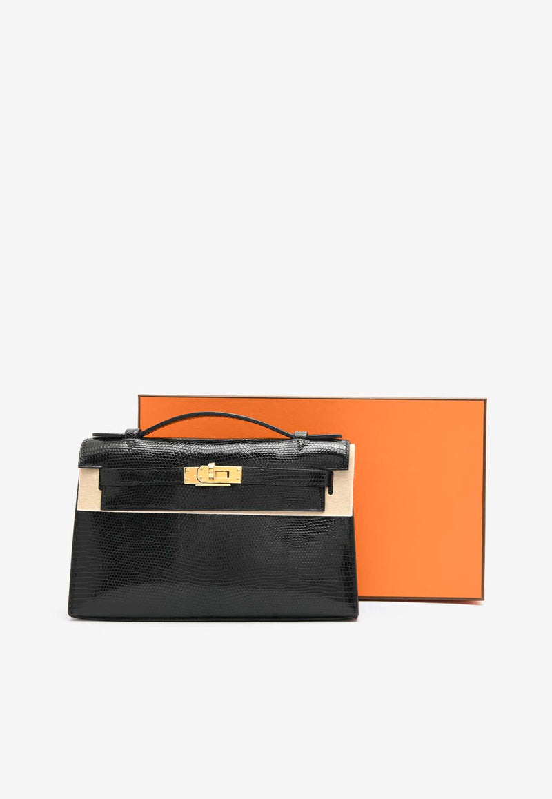 Hermès Kelly Pochette Clutch Bag in Black Shiny Nilo Lizard with Gold Hardware