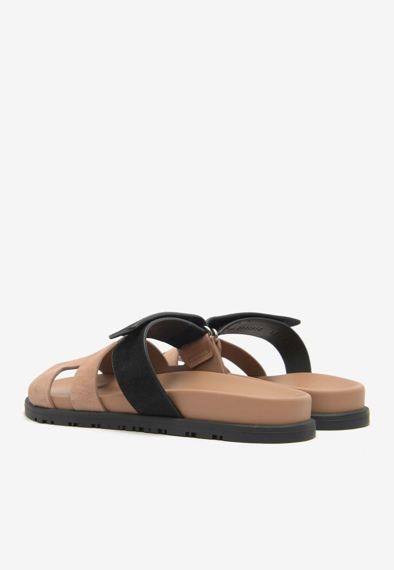 Hermès Chypre Sandals in Rose Perle and Noir Suede
