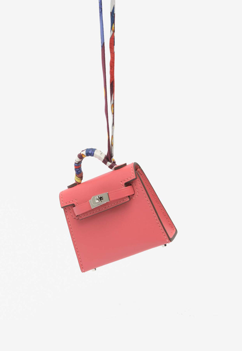 Hermès Kelly Twilly Bag Charm in Rose Lipstick Tadelakt with Printed Silk Strap