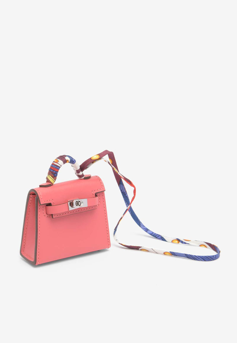 Hermès Kelly Twilly Bag Charm in Rose Lipstick Tadelakt with Printed Silk Strap