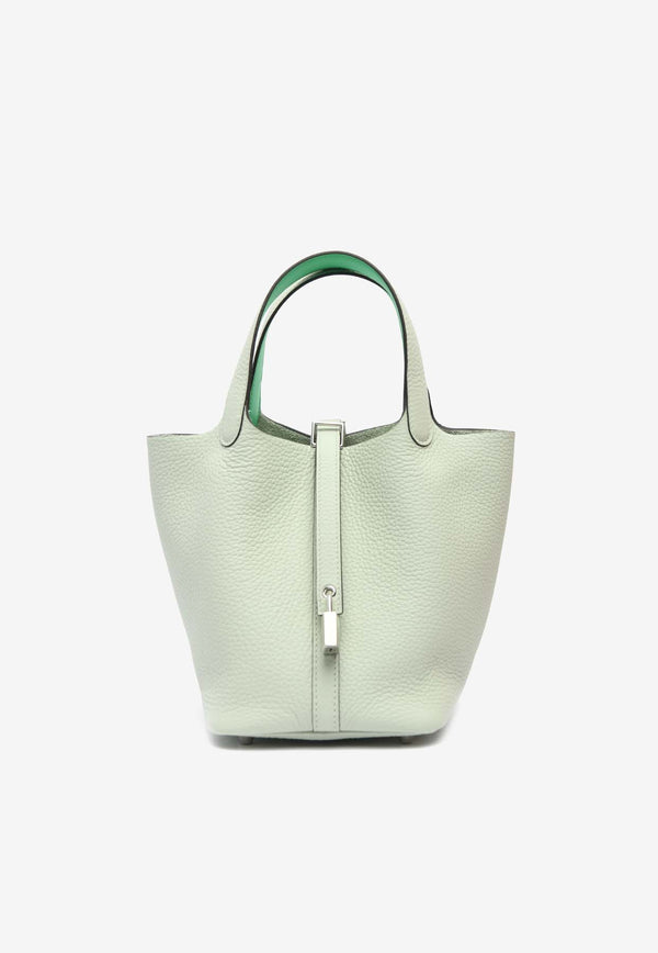 Hermès Picotin 18 Eclat in Gris Neve and Vert Comics Clemence Leather with Palladium Hardware