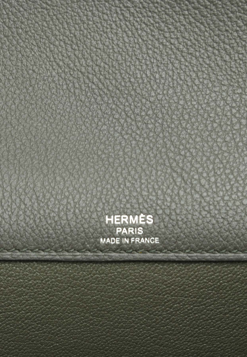 Hermès Kelly Depeches 25 Colormatic Pouch in Vert de Gris Evercolor, Black Evergrain and Fauve Barenia