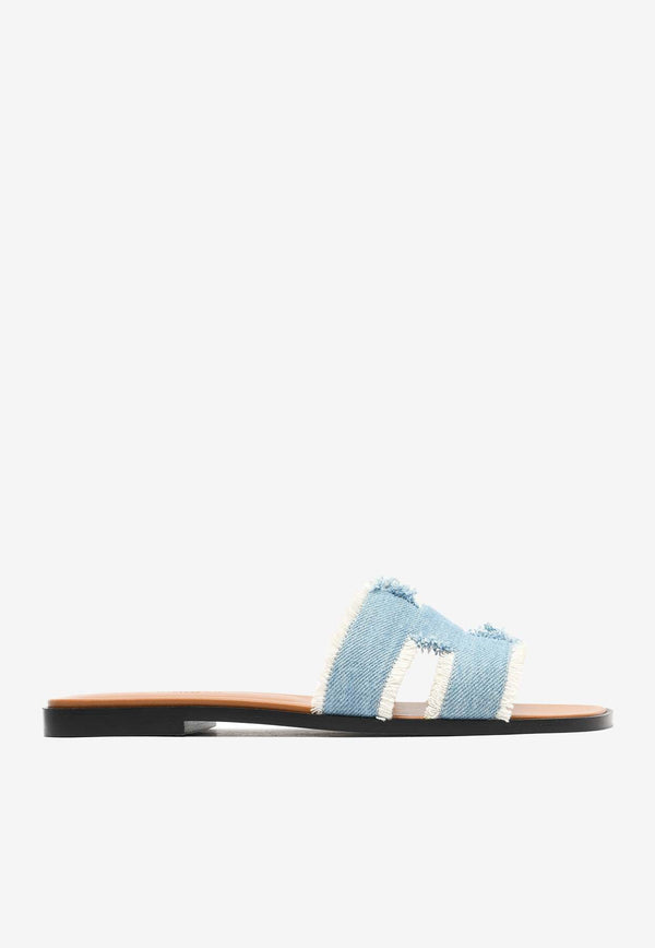Hermès Oran H Cut-Out Sandals in Bleu Clair Fringe Denim