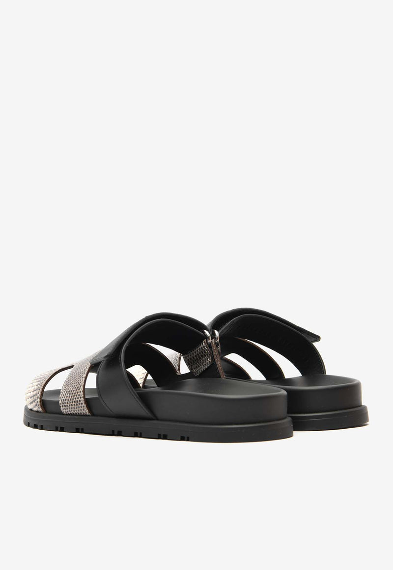 Hermès Chypre Sandals in Ombre Shiny Lizard and Black Calfskin