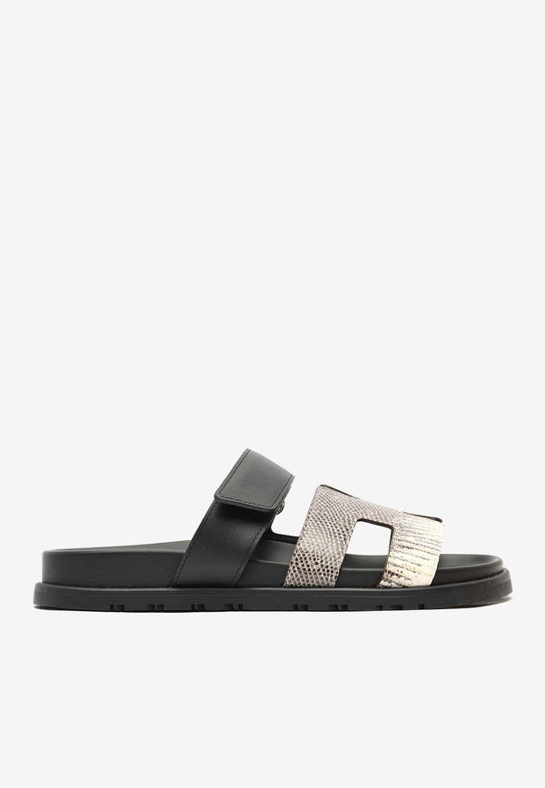 Hermès Chypre Sandals in Ombre Shiny Lizard and Black Calfskin