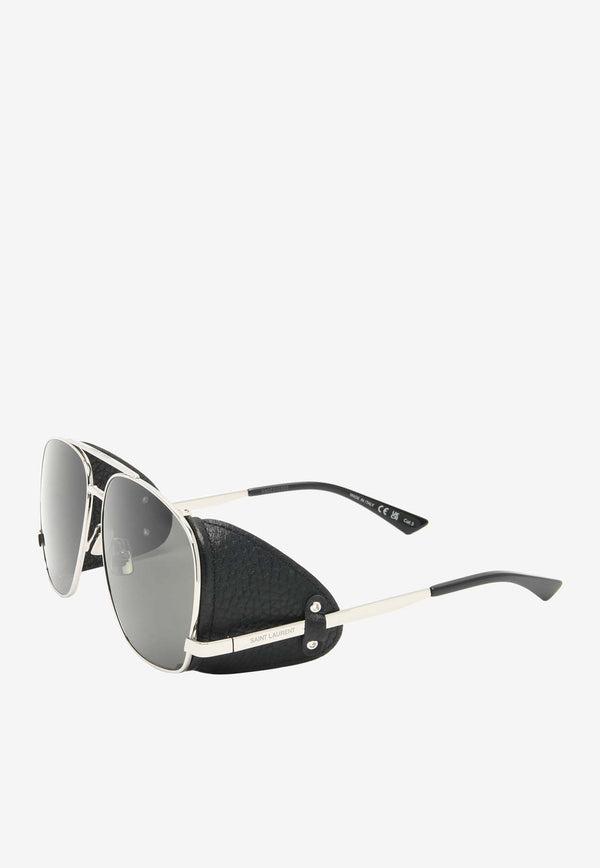 Saint Laurent Leon Leather Aviator Sunglasses Gray SL653 LEON LEATHER SPOILERSILVER