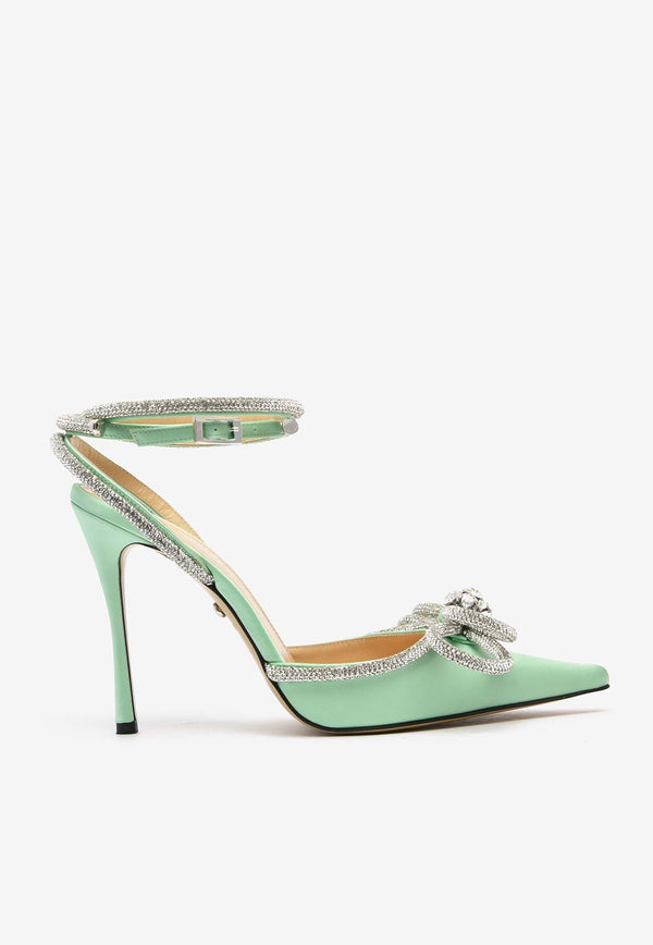 Mach & Mach Double Bow 110 Crystal Embellished Satin Pumps Green SS24-S0235-110-CRP-LIMGREEN