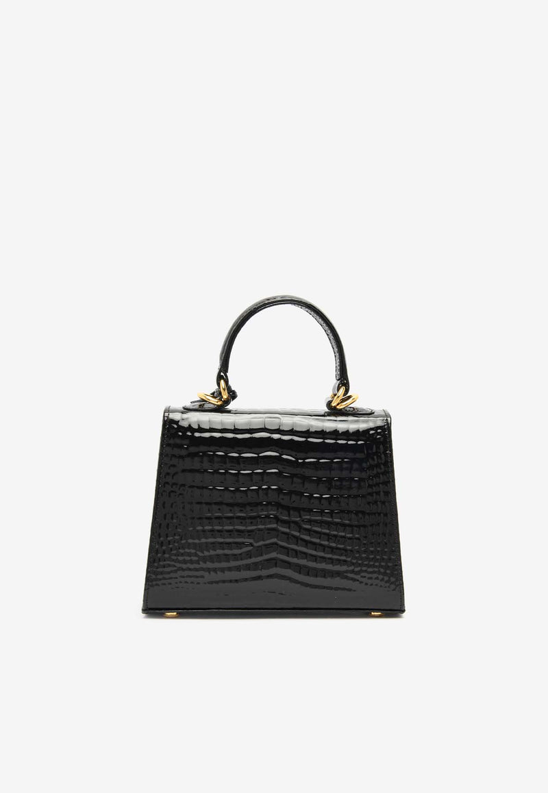 Sandra J Micro Jackie Top Handle Bag in Croc-Embossed Leather Black 211BLACK
