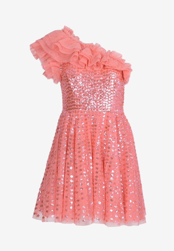 Needle & Thread Raindrop One-Shoulder Sequined Mini Dress Pink DS-ON-51-RHS24-PSKCORAL