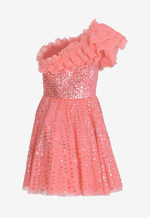 Needle & Thread Raindrop One-Shoulder Sequined Mini Dress Pink DS-ON-51-RHS24-PSKCORAL