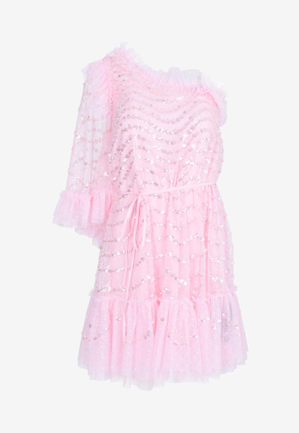Needle & Thread One-Shoulder Shimmer Wave Gloss Micro Mini Dress Pink DS-ON-50-RSS24-BPKPINK